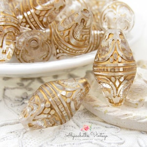 Elegant Ornate Transparent Clear & Antique Gold Baroque Filigree Embossed 19x11mm Plastic Lantern Beads Long Bicone Bead - 6