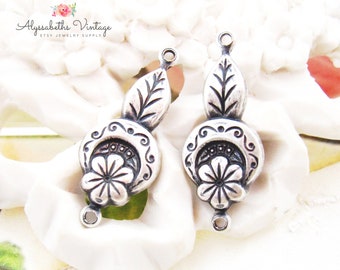 Art Deco Botanical Flower and Leaf Embossed Antiqued Silver Connectors, Floral Earring Link Findings 19x10mm - 4