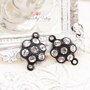 Round Cluster Clear Crystal Rhinestone Flower Charms or Connectors 15x10mm Brass, Black or Silver / Brass Ox Settings 2 Ring Black