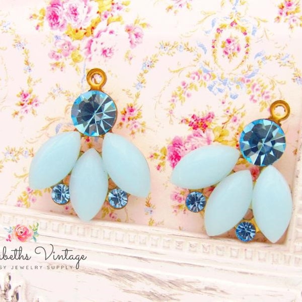 Elegant Vintage Rhinestone Petal Charms, 21x7mm Light Calcedon Blue & Aquamarine Leaf Earring Drops Brass, Black, Brass/Silver Ox - 2