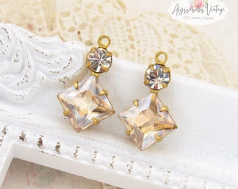 Champagne Square & Honey Gold Rhinestone Set Stone Earring Dangles 18x11mm Raw Brass 1 Ring Drops - Pair