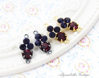 Petite Amethyst & Purple Velvet Austrian Rhinestones Round Stones in Brass or Antique Silver 2 ring Connector Settings 15x6mm