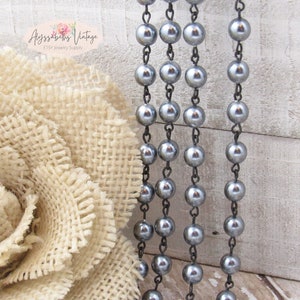 Pewter Gray Pearl and Black Link Beaded Rosary Chain, 6mm Round Bead Necklace Chain - 1 Ft.