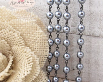Pewter Gray Pearl and Black Link Beaded Rosary Chain, 6mm Round Bead Necklace Chain - 1 Ft.