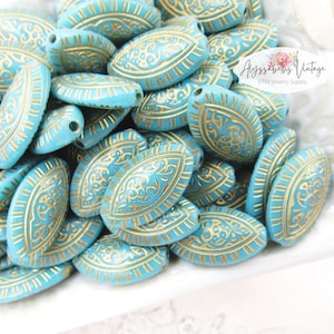 SALE Ornate Opaque Turquoise and Antique Gold Wash Filigree Embossed Marquis Acrylic Beads 19x11mm Etched Pointed Oval Beads - 12