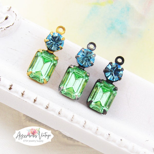 Vintage Austrian Peridot Green Octagon Stone & Aqua Rhinestone Earring Dangle, 16x6mm Set Rhinestone Charms - 2