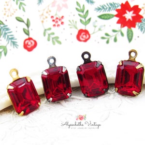 Vintage Austrian 10x8mm Siam Red Octagon Rhinestone Single Set Stones in Brass, Black, Antique Brass/Silver Drops or Connector Settings - 2