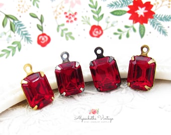 Vintage Austrian 10x8mm Siam Red Octagon Rhinestone Single Set Stones in Brass, Black, Antique Brass/Silver Drops or Connector Settings - 2