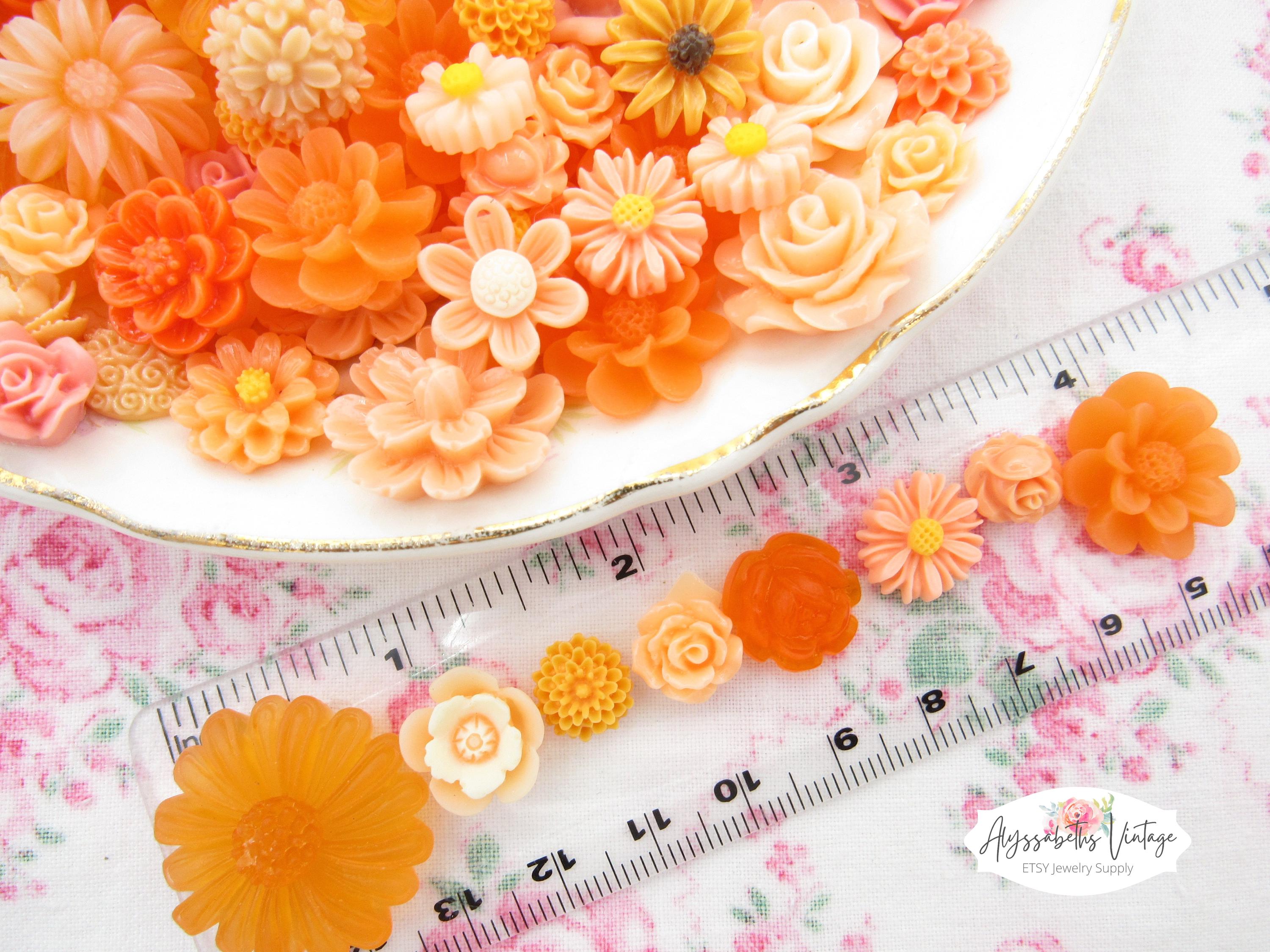 セール ピーチとオレンジの樹脂フラワーカボションミックス、バラ