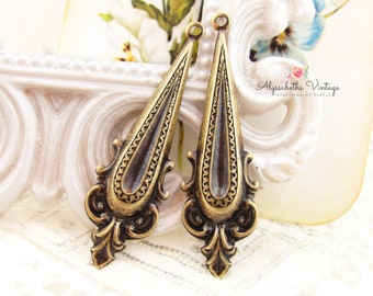 Long Ornate Victorian Antique Brass Scroll and Flourish Teardrop Earring Dangles Patina Brass Ox 44mm - 4