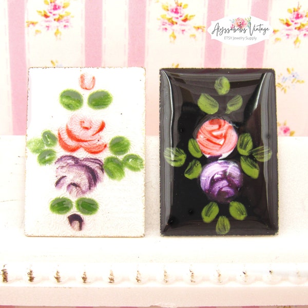 Vintage Rose Cloisonne Enamel Embellishments 23x16mm Rectangle Hand Painted Floral Guilloche Cabochons Black or White - Pair