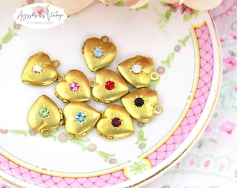 Romantic Vintage Small Brass Birthstone Heart Locket Charms set with choice of Austrian Rhinestones or Pearl 12x11mm Photo Charms - Pair
