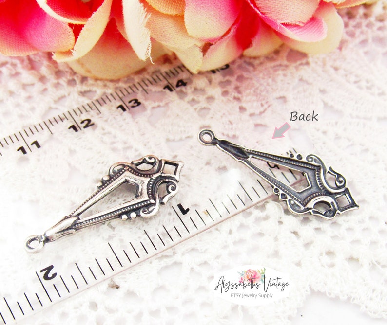 Edwardian Antique Silver Earring Dangle, Silver Ox Victorian Charms Pendants Drops 33x17mm 4 image 5