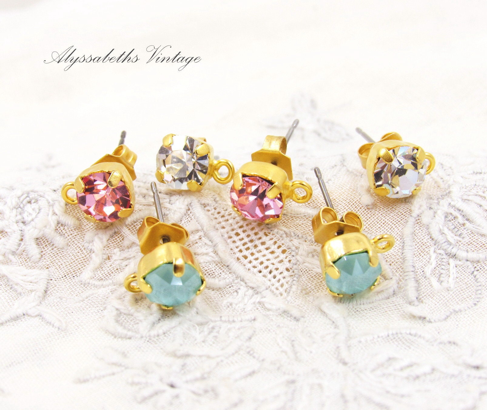 Matte Gold & 6mm Rhinestone Earring Posts With Loop Stud Earrings ...