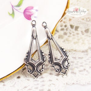 Edwardian Antique Silver Earring Dangle, Silver Ox Victorian Charms Pendants Drops 33x17mm - 4