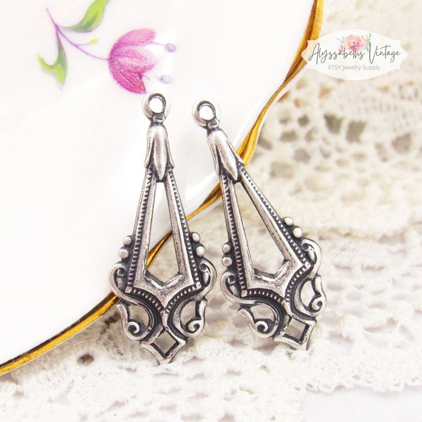 Edwardian Antique Silver Earring Dangle, Silver Ox Victorian Charms Pendants Drops 33x17mm - 4