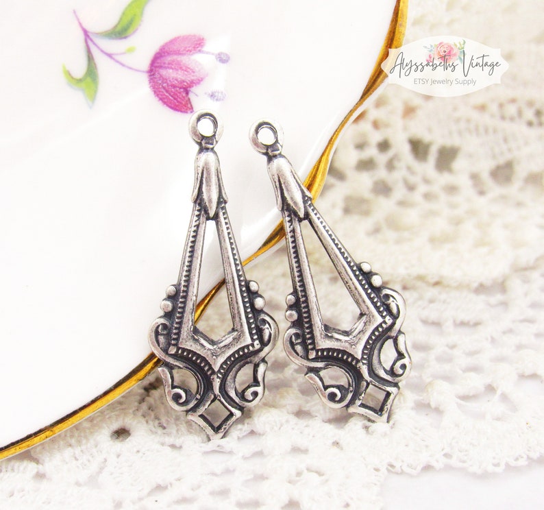 Edwardian Antique Silver Earring Dangle, Silver Ox Victorian Charms Pendants Drops 33x17mm 4 image 1