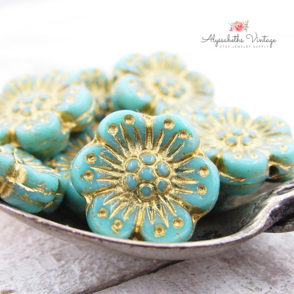 Pressed Glass Opaque Turquoise and Gold Wash Wild Rose Flower Beads 14mm, Aqua Blue with Gold Antiquing Anemone Floral Beads - 6