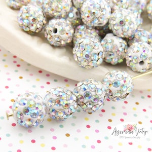 8mm White and AB Crystal Pave Rhinestone Disco Ball Beads, Polymer and Crystal Beads - 10