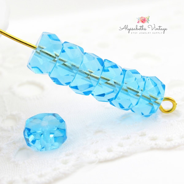 Transparent Aqua Blue 8x4mm Disc Rondelle Beads Faceted Czech Preciosa Fire Polished Turquoise Spacer Beads - 12