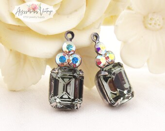 Vintage Swarovski svart diamant oktagon & AB kristall strass 19 x 8 mm infattade stenörhängen droppar, berlocker valfri infattning finish - 2