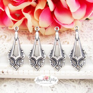 Edwardian Antique Silver Earring Dangle, Silver Ox Victorian Charms Pendants Drops 33x17mm 4 image 2