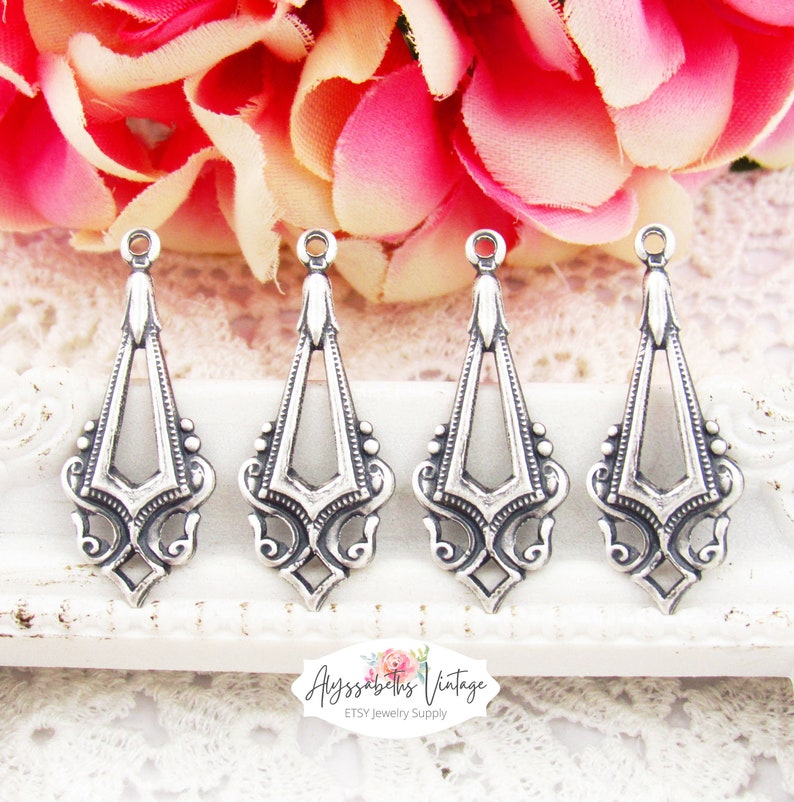 Edwardian Antique Silver Earring Dangle, Silver Ox Victorian Charms Pendants Drops 33x17mm 4 image 2