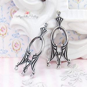 Long Elegant Art Nouveau Antique Silver Chandelier Earring Dangles 39x16mm Silver Ox Flourish 4 Ring Connectors - 4