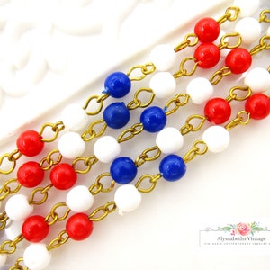 Vintage Red, White and Blue Beaded Chain, 6mm Patriotic Plastic Bead Rosary Chain with Brass Links – 1 Yard