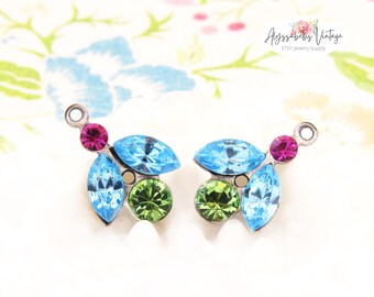 Vintage Aquamarine, Peridot and Fuchsia Rhinestone Leaf Flower Drops, 16x11mm Set Stones in Brass or Silver Ox Floral Charm Settings – 2