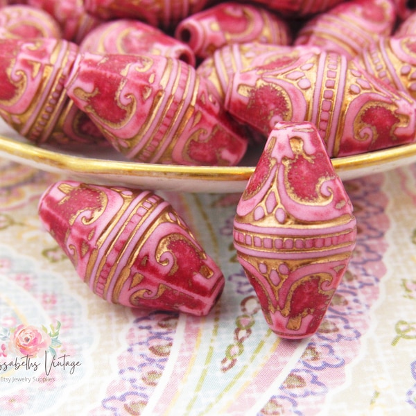 Elegant Ornate Opaque Pink & Antique Gold Baroque Filigree Embossed 19x11mm Plastic Lantern Beads Long Bicone Bead - 6