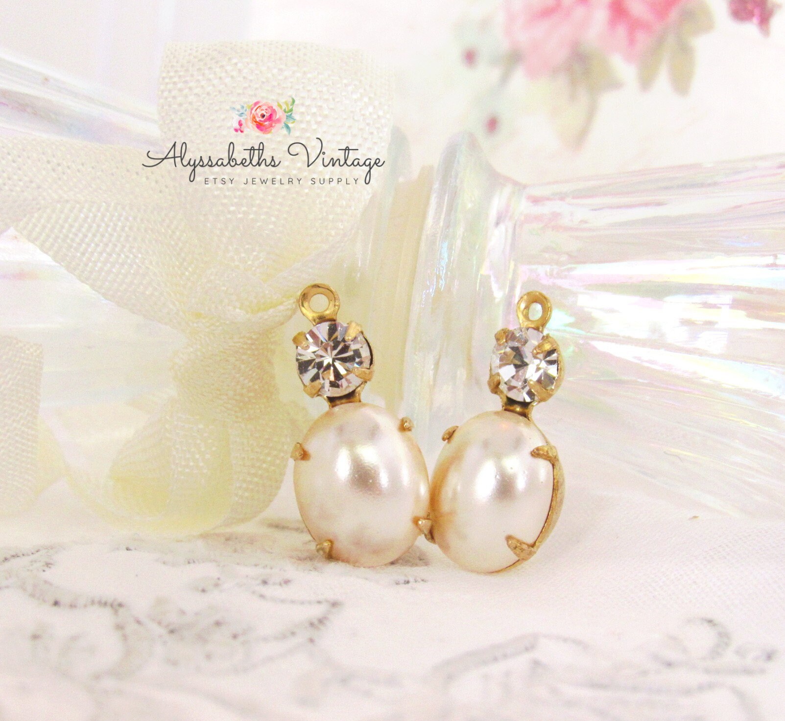 Oval Ivory Pearl & Swarovaki Crystal Set Stones Earring Dangles Drops…