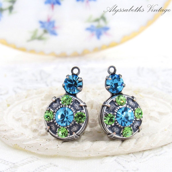 Ornate Art Deco Vintage Aquamarine Blue & Peridot Green Austrian Rhinestone Raw Brass, Silver or Brass Ox Earring Dangles 18x11mm Drops - 2