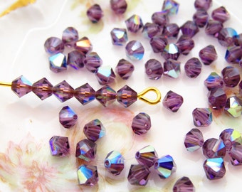 Vintage Austrian AB Amethyst Lilac Small 4mm Bicone Crystal Beads Swarovski Article 5301 - 30
