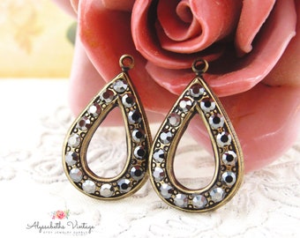 Art Deco Teardrop Charms with Gray Hematite Pave Set Rhinestones, 23x14mm Earring Dangles Brass Ox, Black or Raw Brass – 2