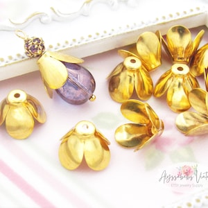 SALE Large Vintage Gold Plated Flower Petal Bead Caps 14x10mm, Gold Tulip Bead Cone Tassel Top - 4