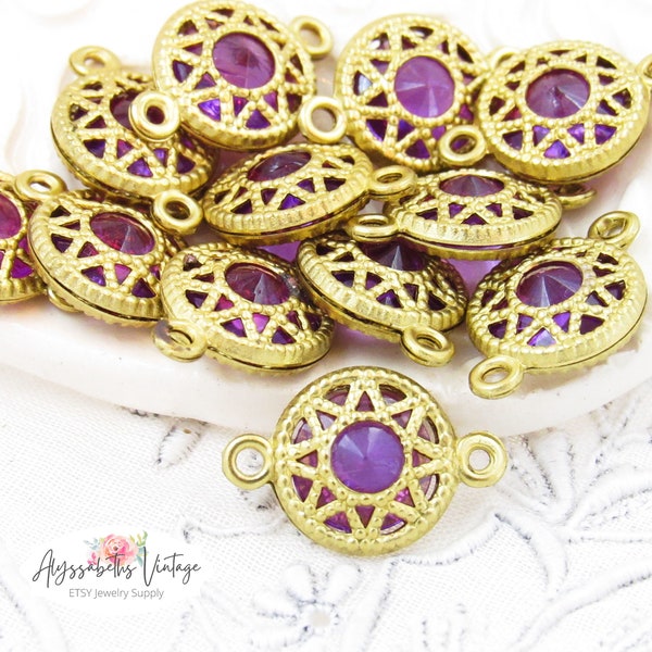 Vintage Filigree Brass Wrapped Transparent Purple Amethyst Lucite Acrylic Jewel Connectors Beads 16x11mm - 6
