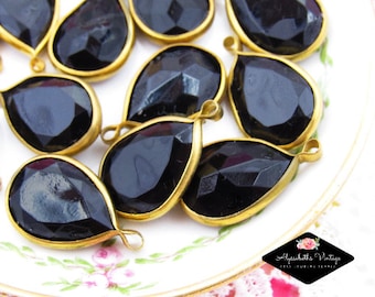 Retro Vintage Opaque Jet Black Teardrop Dangles, Brass Channel Set Acrylic Jewel Pear Stones 22x13mm Pendant Drops - 4