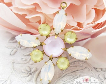 Vintage White Opal, Powder Pink & Yellow Delite Rhinestone Clematis Star Flower Pendant 30mm 1 Ring Brass, Black, Brass/Silver Ox Setting
