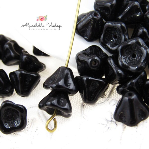 Opaque Jet Black Glass Bell Flower Beads 8x6mm Onyx Pressed Glass Floral Beads - 25