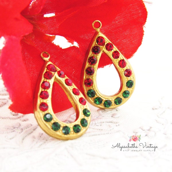 Holiday Bling Art Deco Teardrops Ruby Red & Green Tourmaline Pave Set Rhinestones, 23x14mm Earring Dangles Brass Ox, Black or Raw Brass - 2