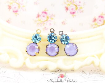 Small Double Matte Lilac & Aquamarine Austrian Rhinestone Drops 14x7mm Charms Brass, Brass Ox or Antique Silver Setting - Pair