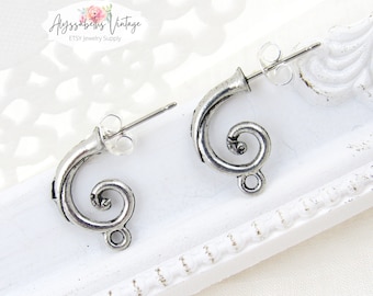 Antiqued Silver Plated Curled Tendril Hoop Stud Pewter Earring Post with Loop Earwire Findings Silver Ox Jewelry Supplies - 2