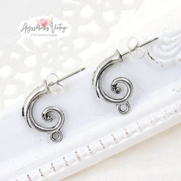Antiqued Silver Plated Curled Tendril Hoop Stud Pewter Earring Post with Loop Earwire Findings Silver Ox Jewelry Supplies - 2
