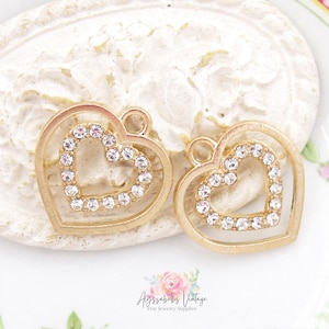 CZ Micro PAVE Charm Gold and Crystal Rhinestone Heart Charms, Valentine Love Pendants 19.5x18mm DIY Jewelry Supply - Pair