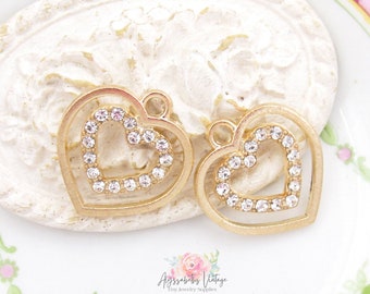 CZ Micro PAVE Charm Gold and Crystal Rhinestone Heart Charms, Valentine Love Pendants 19.5x18mm DIY Jewelry Supply - Pair