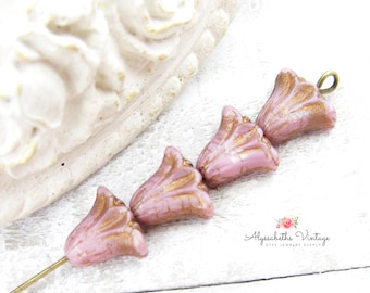 Opaque Pink and Bronze Wash Lily Beads 10x9mm Czech Pressed Glass Picasso Lotus Flower Beads - 10