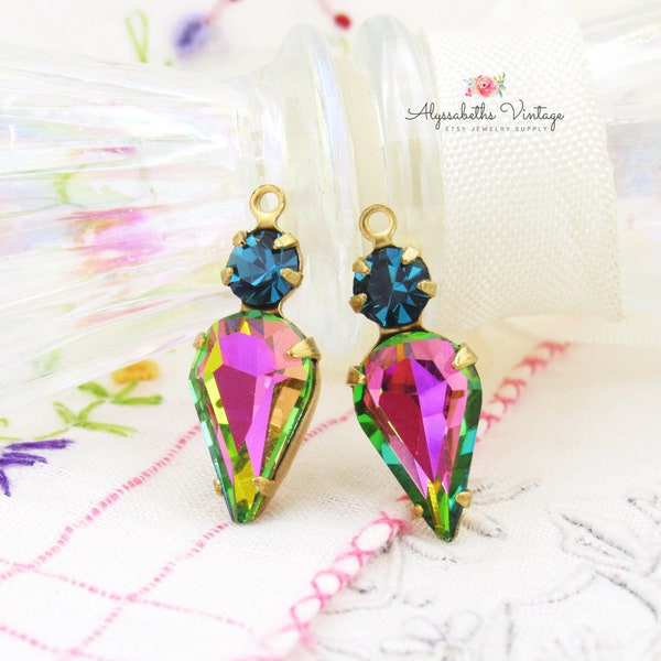 Vitrail Rainbow & Teal Rhinestone Teardrop Earring Dangles Austrian Spike Drops 21x8mm Brass, Black or Antique Brass / Silver Settings - 2