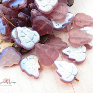 AB Matte Amethyst Leaf Beads 12x10mm Czech Glass Semi Transparent Frosted Purple Glass Birch Leaves -10