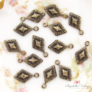 Small Art Deco Antique Brass Sunray Embossed Diamond Shaped Drops, US Made Brass Ox Geometric 1 Ring Dangles Charms 12mm x 7mm 6 image 1